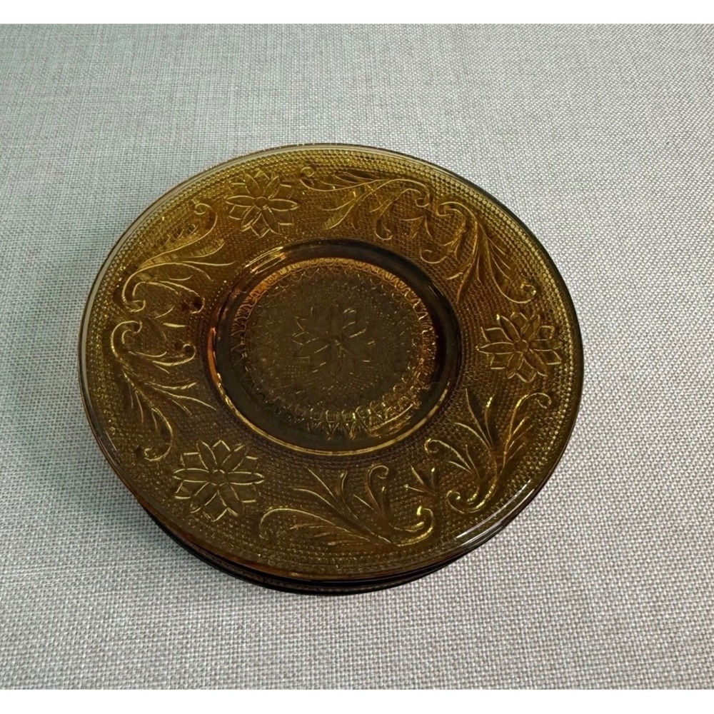 Tiara Sandwich Amber Glass Saucers Vintage Pressed Floral Pattern 6 In. Set of 5